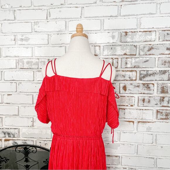Express Vibrant Red A-Line Crinkle Material Laced Shoulders Retro Midi Dress M - Picture 6 of 9